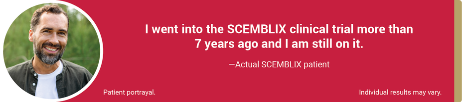 I went into the SCEMBLIX clinical trial more than 7 years ago and I am still on it. – actual SCEMBLIX patient