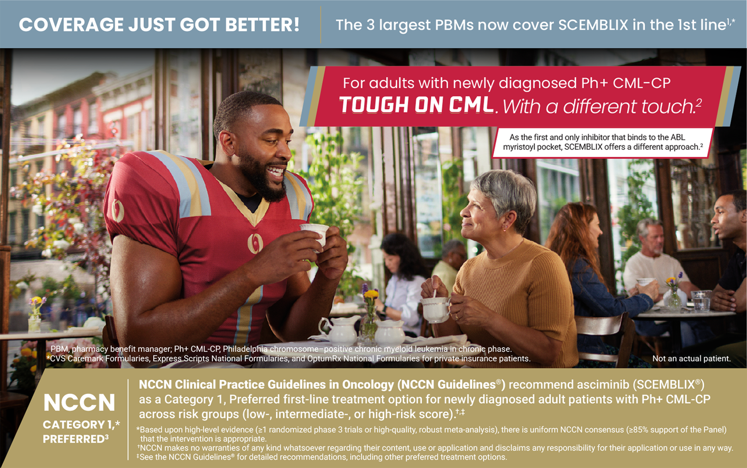 Coverage just got better! Scemblix is now covered in 1L by the 3 largest PBMs: CVS Caremark, Express Scripts, and OptumRx (private insurance patients). For adults with newly diagnosed Ph+ CML-CP. Tough on CML. With a different touch. As the first and only inhibitor to bind the ABL myristoyl pocket, Scemblix offers a unique approach. PBM, pharmacy benefit manager; Ph+ CML-CP, Philadelphia chromosome-positive chronic myeloid leukemia in chronic phase. Not an actual patient.